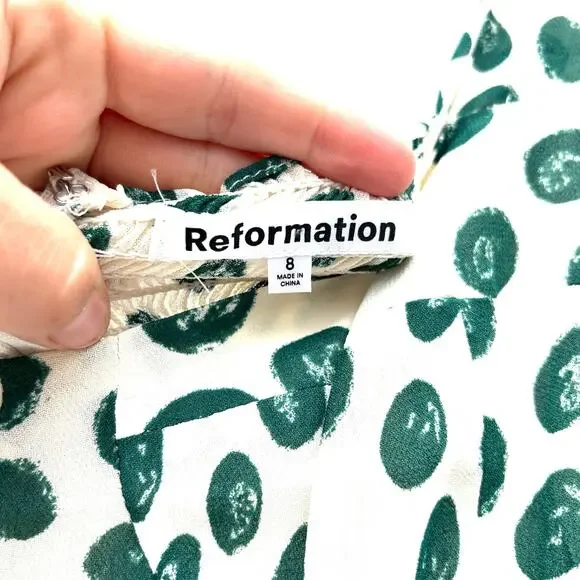 Reformation Fulton Midi Dress Green Polka Dot Slit Tapioca 8 Spring Leopard - Picture 5 of 12